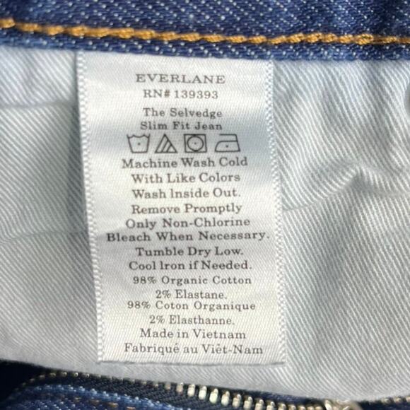 Everlane Jeans Mens 31x32 measures to 32x30.5 Selvedge Slim Fit Blue‎ Denim - Picture 7 of 13